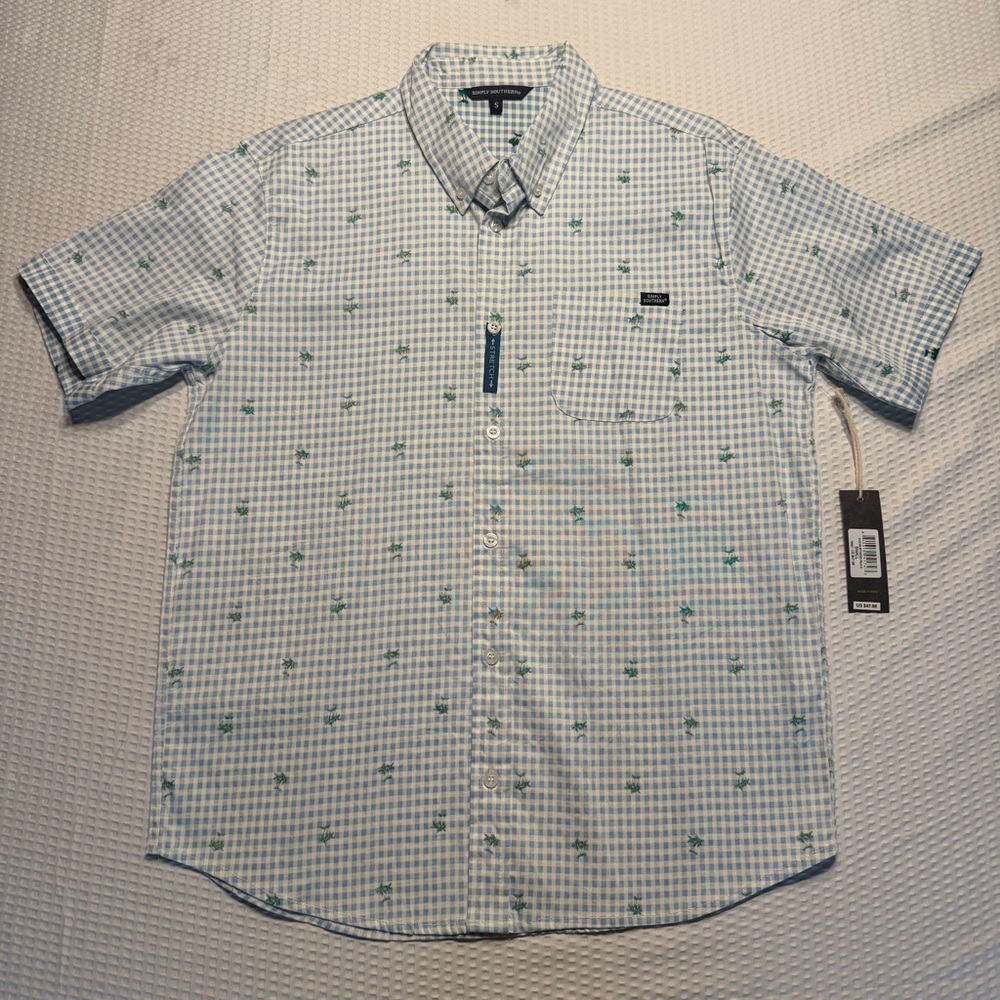 Simply Southern Blue and White Checkered Shirt with Palm Trees size small new